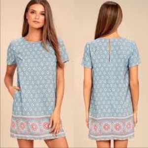 Lulu's Blue Print Shift Dress with Pockets szXS